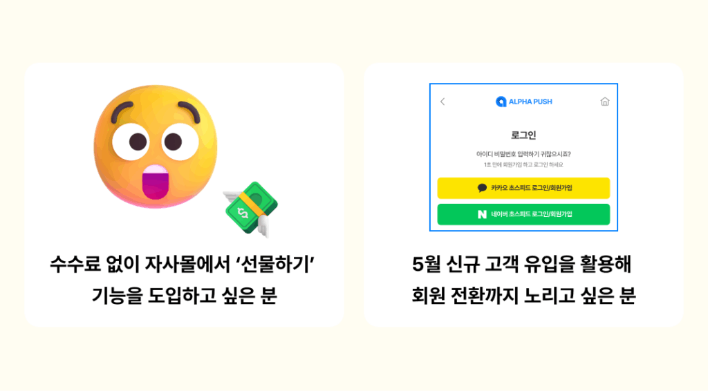 프로모션 이벤트, 프로모션 마케팅 사례, 알파푸시, 선물하기, 자사몰 선물하기, 카페24, 샐러드랩, 알파앱스