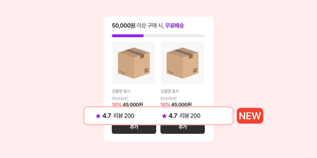 알파리뷰 데이터를 활용해 추천 상품의 리뷰 개수와 별점을 위젯에 함께 노출할 수 있는 알파업셀 기능을 소개하는 이미지