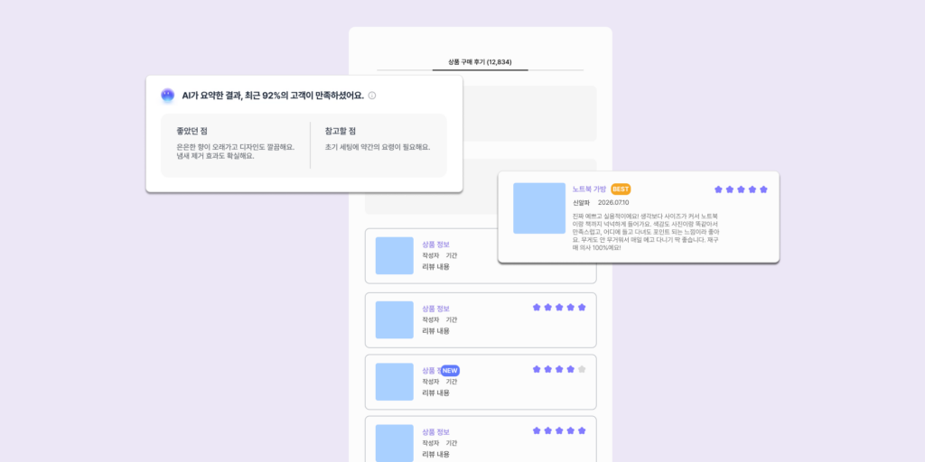 알파리뷰의 AI 리뷰 요약 위젯과 AI 추천으로 상단 고정을 사용하면 더 효과적으로 상품 첫인상을 전달할 수 있어요.